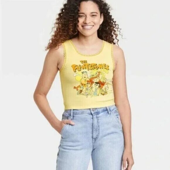 The Flintstones Graphic Tank Top Womens Size L Yellow Vintage Cartoon Y2K Tee - Picture 1 of 7